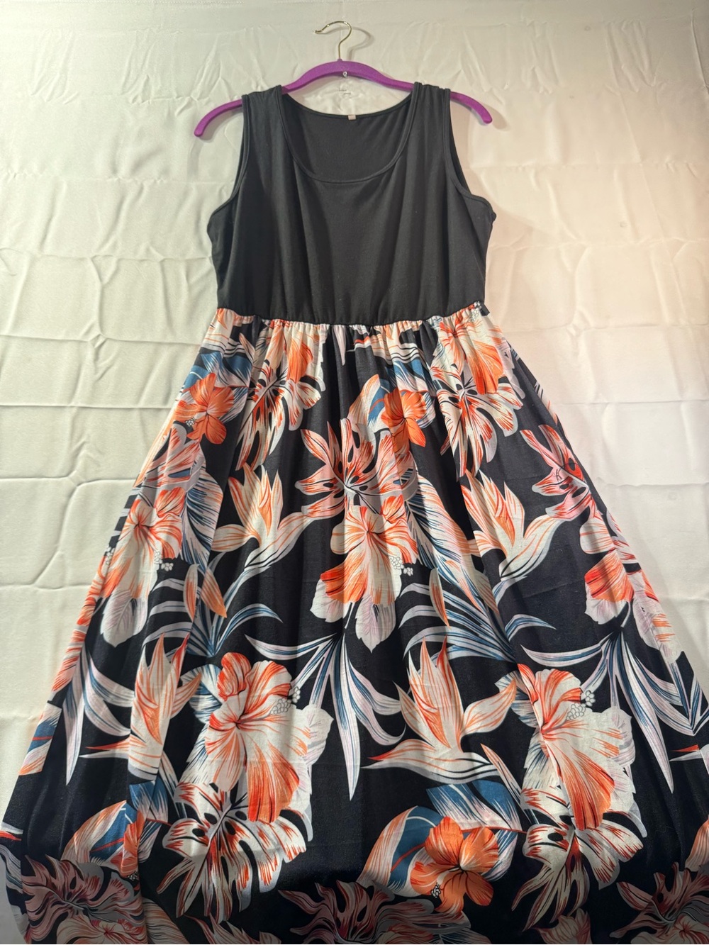 XL Black Tank Top Floral Maxi Dress with Orange & Blue Blooms